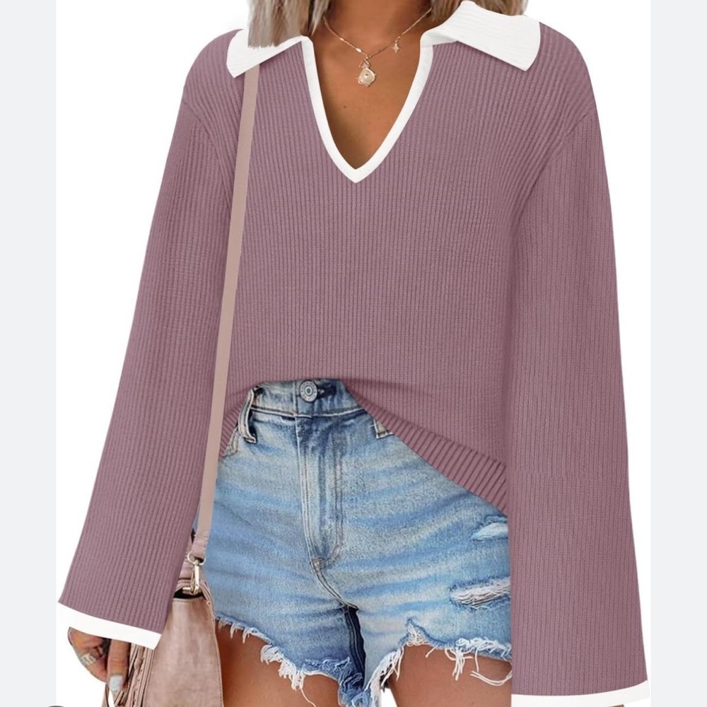 NWT ZESICA Women's V-Neck Long Sleeve Oversized Casual Collared Knit Pullover